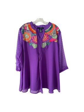 Denim 24/7 Purple Floral Embroidered Sequin Boho Tunic Blouse Plus Size 24W